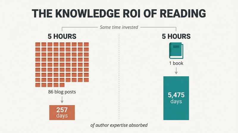 Split comparison showing how five hours spent on 86 blog posts yields 257 days of expertise while the same five hours on one book yields 5,475 days.