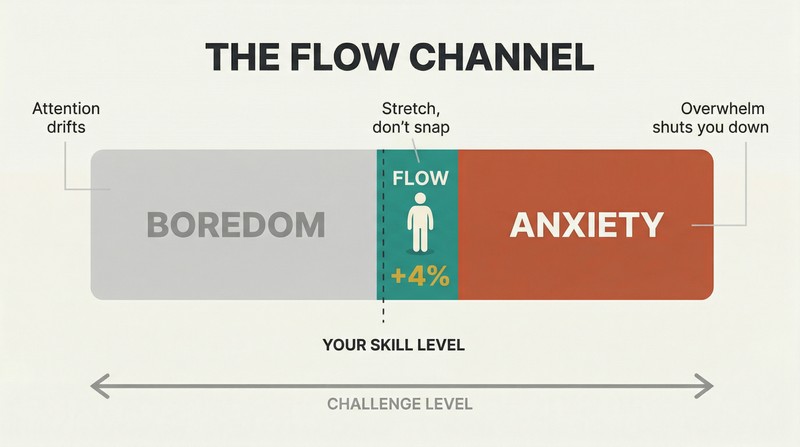 Horizontal spectrum bar showing boredom, a narrow flow zone at 4% above current skill, and anxiety, with a silhouette figure positioned in the optimal teal band.