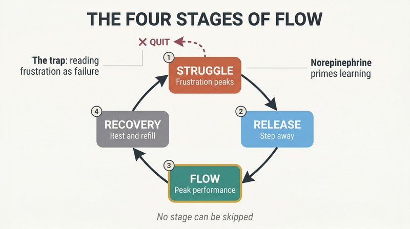 Four-stage circular cycle showing struggle, release, flow, and recovery, with a diverging quit path at the struggle phase illustrating the trap of misreading frustration as failure.