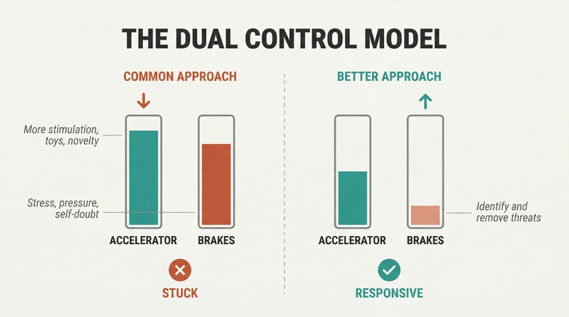 Split panel comparing two approaches: the left shows a maxed accelerator with brakes still engaged causing no movement, while the right shows brakes released enabling flow.