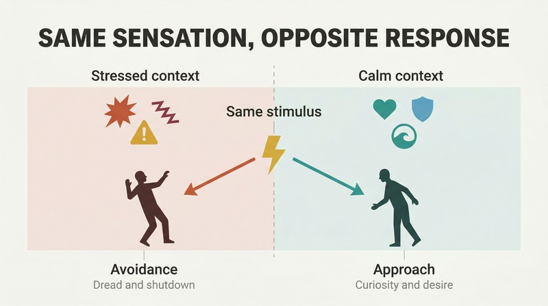 Split panel showing an identical stimulus producing avoidance in a stressed context on the left and approach behavior in a calm context on the right.