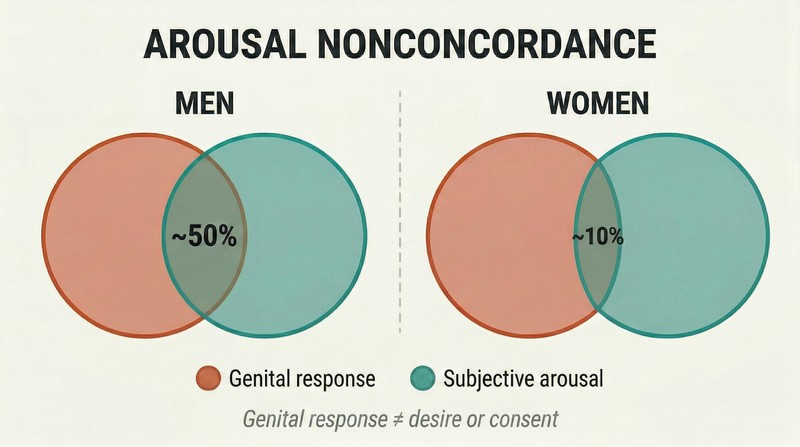 Two paired Venn diagrams comparing genital response and subjective arousal overlap, showing roughly 50% overlap for men versus only 10% for women.