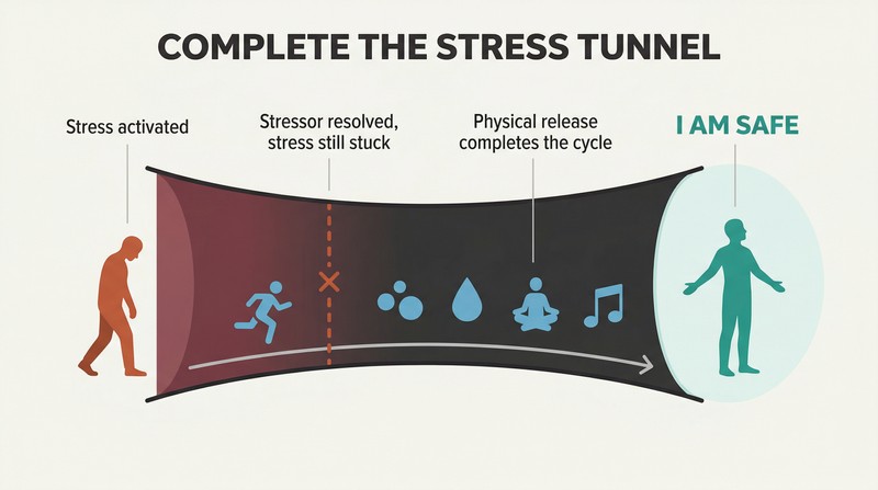 Horizontal tunnel showing a figure walking from dark stress activation through physical release methods toward a bright opening labeled "I am safe."