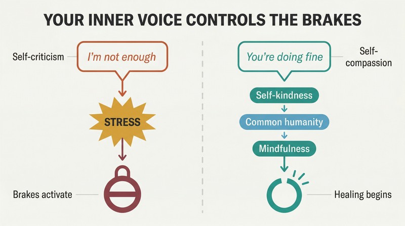 Split panel comparing self-criticism cascading down through stress to sexual brakes versus self-compassion's three components lifting toward healing and desire.