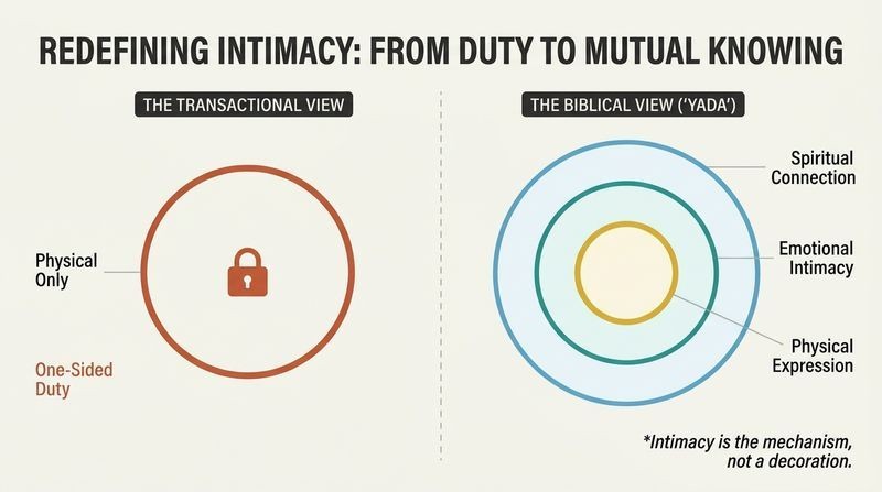 A side-by-side split comparison contrasting a narrow, physical-only definition of sex with a nested, three-layered model of mutual spiritual, emotional, and physical knowing.