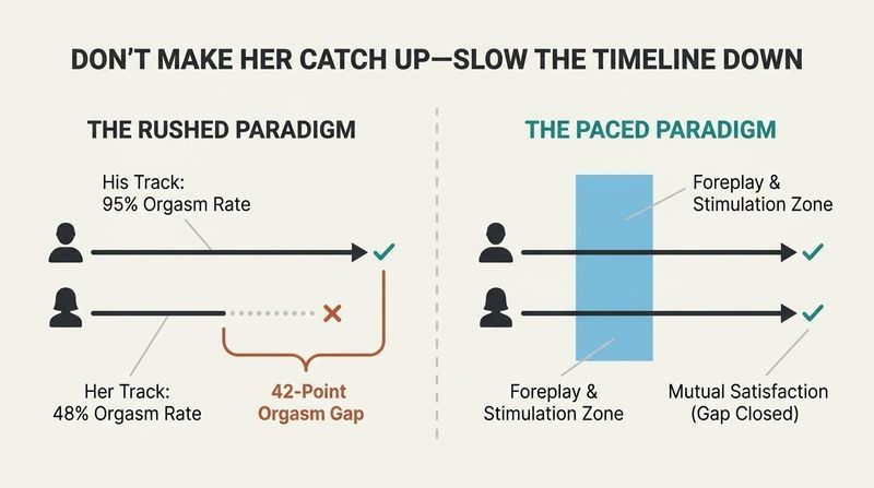 Split timeline diagram showing how a rushed approach leaves a large orgasm gap, whereas slowing down with a foreplay zone aligns both paths for mutual satisfaction.