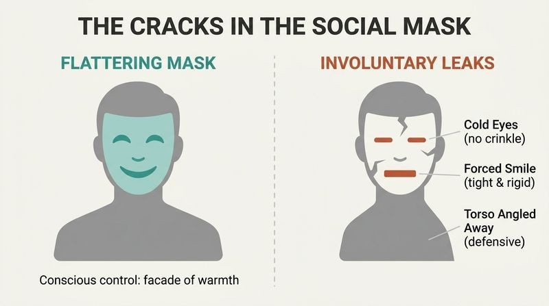 Split-panel diagram comparing a controlled social mask on the left with uncontrollable physiological leaks on the right, highlighting dead eyes, a forced smile, and defensive posture.