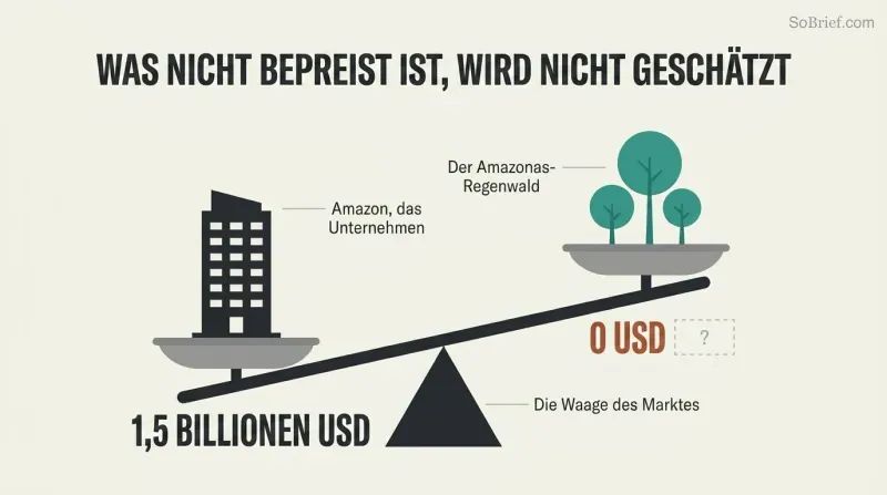 A tilted balance scale where a corporate building labeled $1.5 trillion outweighs a cluster of trees labeled $0 on the market ledger, showing how markets ignore unpriced natural value.