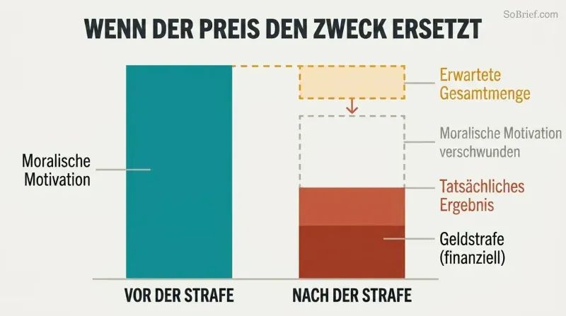 Two stacked bars comparing motivation before and after adding a fine, showing moral motivation disappearing and total motivation shrinking.