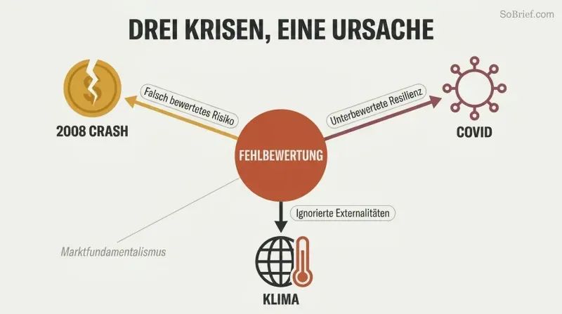 Hub-and-spoke diagram with misvaluation at the center radiating outward to three crises — the 2008 crash, Covid, and climate — each labeled with what markets failed to price.