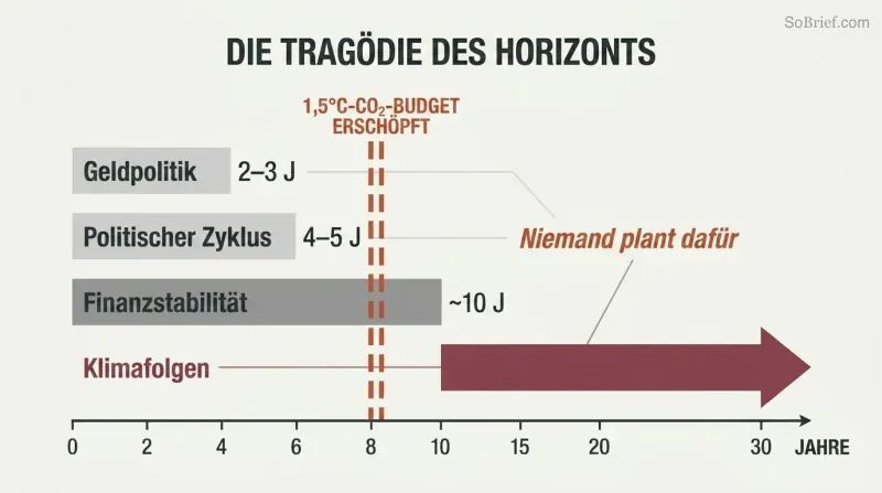 Horizontal bars showing political, monetary, and financial planning horizons all ending before a vertical dashed line marking carbon budget exhaustion at roughly eight years.