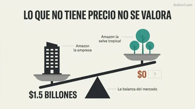 A tilted balance scale where a corporate building labeled $1.5 trillion outweighs a cluster of trees labeled $0 on the market ledger, showing how markets ignore unpriced natural value.