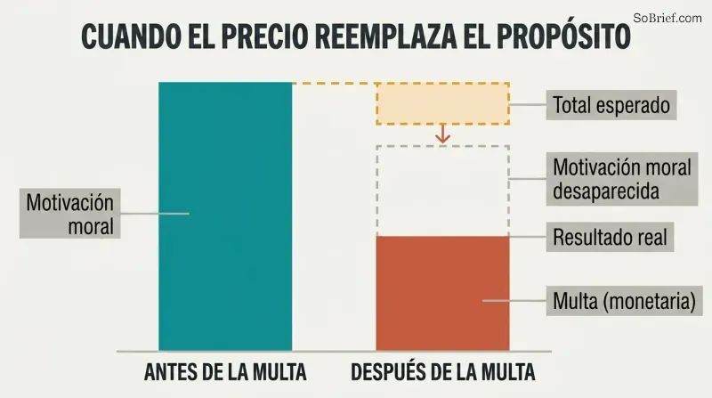 Two stacked bars comparing motivation before and after adding a fine, showing moral motivation disappearing and total motivation shrinking.