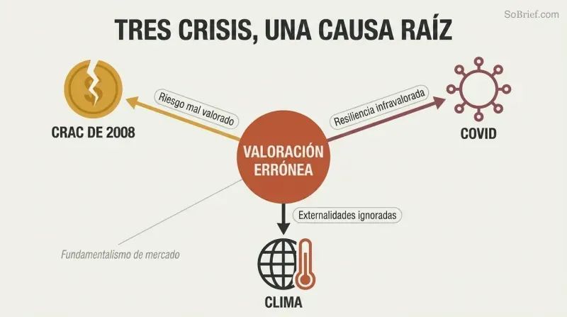 Hub-and-spoke diagram with misvaluation at the center radiating outward to three crises — the 2008 crash, Covid, and climate — each labeled with what markets failed to price.