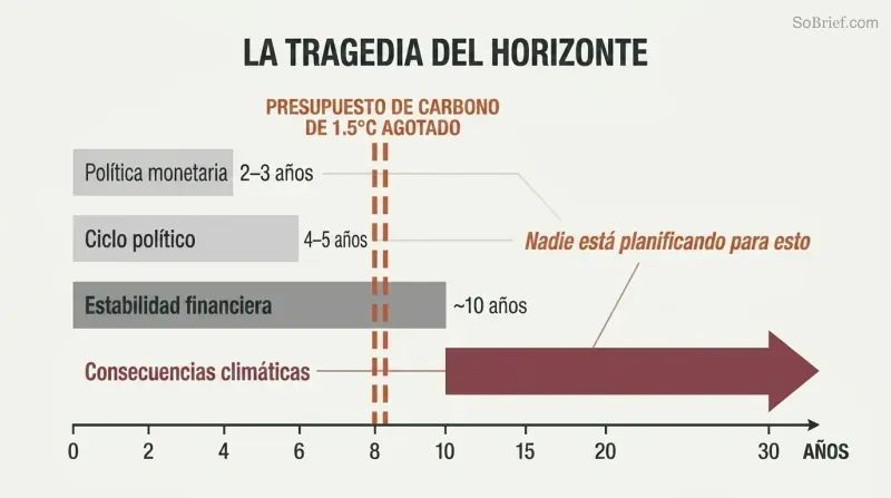 Horizontal bars showing political, monetary, and financial planning horizons all ending before a vertical dashed line marking carbon budget exhaustion at roughly eight years.