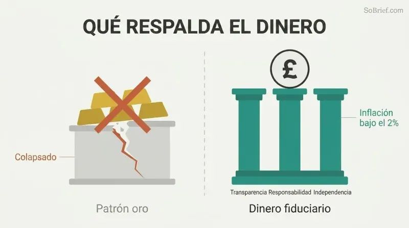 Split comparison showing gold bars as a crumbling foundation on the left versus three solid pillars labeled transparency, accountability, and independence supporting currency on the right.