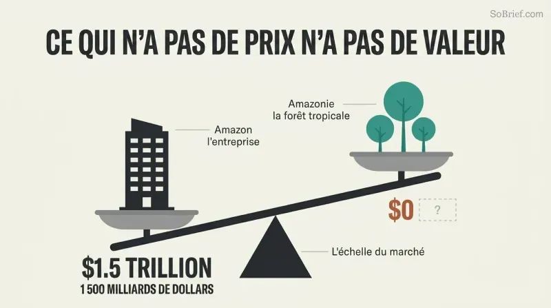 A tilted balance scale where a corporate building labeled $1.5 trillion outweighs a cluster of trees labeled $0 on the market ledger, showing how markets ignore unpriced natural value.