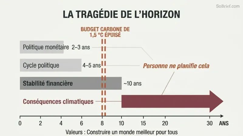 Horizontal bars showing political, monetary, and financial planning horizons all ending before a vertical dashed line marking carbon budget exhaustion at roughly eight years.