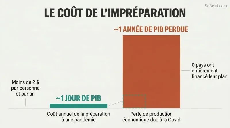 Two proportional bars comparing the tiny annual cost of pandemic preparedness against the vastly larger GDP lost to Covid, revealing a roughly 1-to-365 ratio.