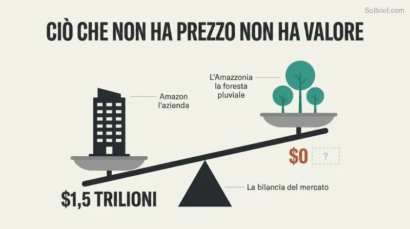 A tilted balance scale where a corporate building labeled $1.5 trillion outweighs a cluster of trees labeled $0 on the market ledger, showing how markets ignore unpriced natural value.