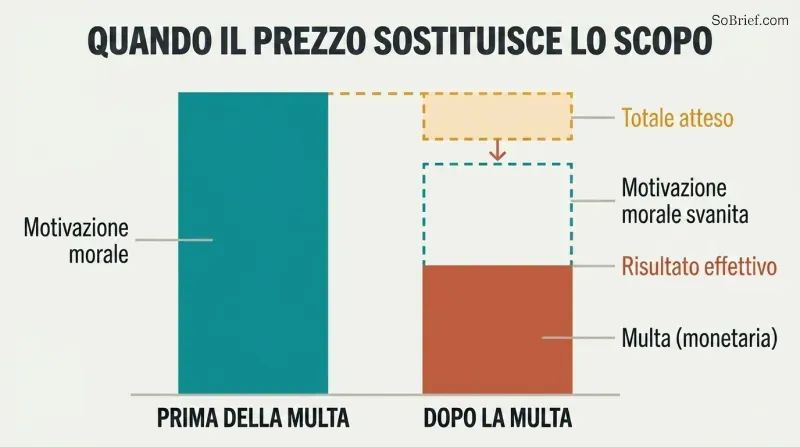 Two stacked bars comparing motivation before and after adding a fine, showing moral motivation disappearing and total motivation shrinking.