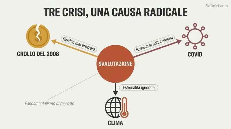 Hub-and-spoke diagram with misvaluation at the center radiating outward to three crises — the 2008 crash, Covid, and climate — each labeled with what markets failed to price.