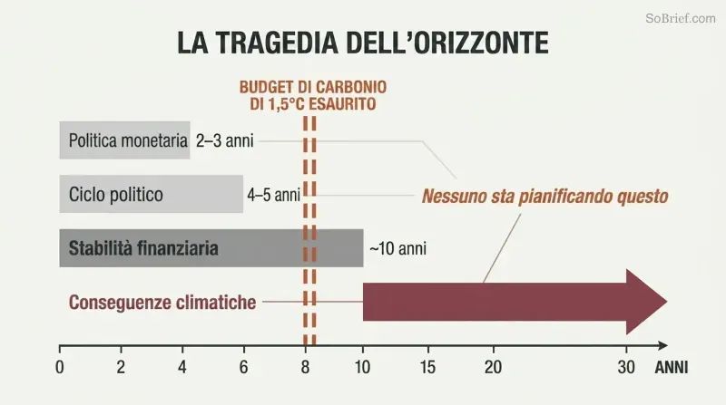 Horizontal bars showing political, monetary, and financial planning horizons all ending before a vertical dashed line marking carbon budget exhaustion at roughly eight years.