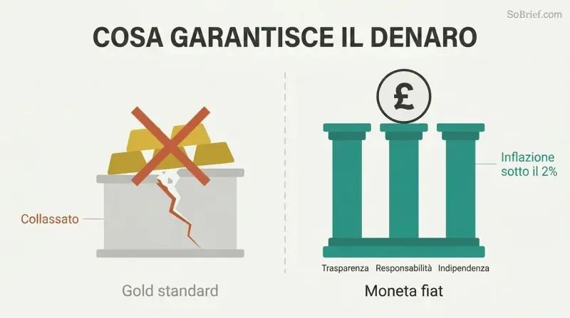Split comparison showing gold bars as a crumbling foundation on the left versus three solid pillars labeled transparency, accountability, and independence supporting currency on the right.