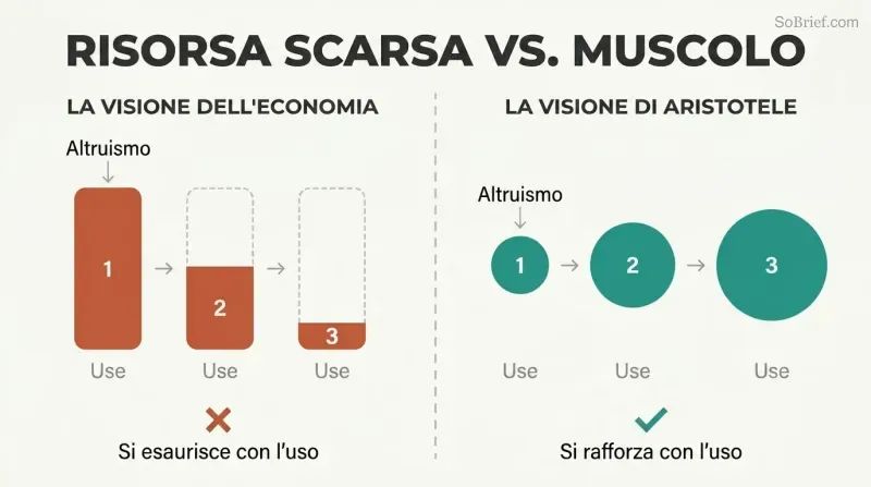 Split panel comparing two models of altruism: a depleting battery on the left shrinks with each use, while a growing circle on the right expands with each use.