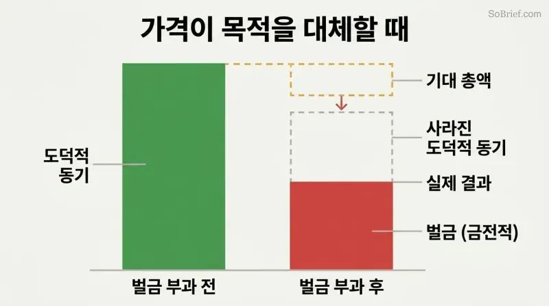 Two stacked bars comparing motivation before and after adding a fine, showing moral motivation disappearing and total motivation shrinking.
