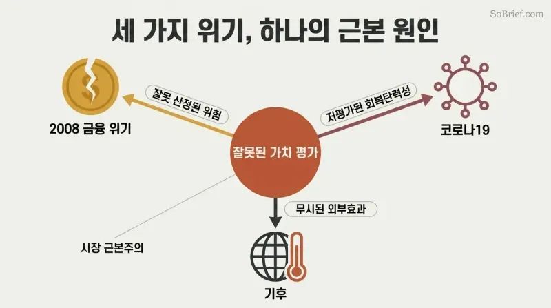 Hub-and-spoke diagram with misvaluation at the center radiating outward to three crises — the 2008 crash, Covid, and climate — each labeled with what markets failed to price.