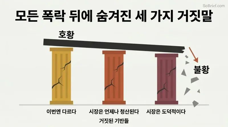 Three cracked pillars labeled with recurring financial delusions support a tilting platform that breaks apart from boom to bust.