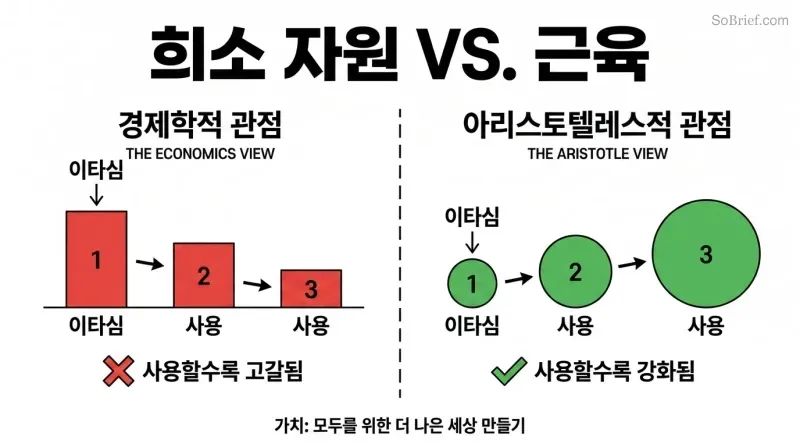 Split panel comparing two models of altruism: a depleting battery on the left shrinks with each use, while a growing circle on the right expands with each use.