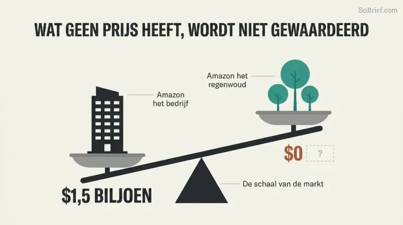 A tilted balance scale where a corporate building labeled $1.5 trillion outweighs a cluster of trees labeled $0 on the market ledger, showing how markets ignore unpriced natural value.