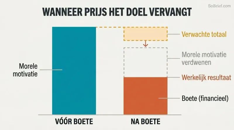 Two stacked bars comparing motivation before and after adding a fine, showing moral motivation disappearing and total motivation shrinking.