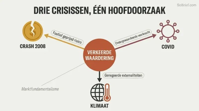 Hub-and-spoke diagram with misvaluation at the center radiating outward to three crises — the 2008 crash, Covid, and climate — each labeled with what markets failed to price.