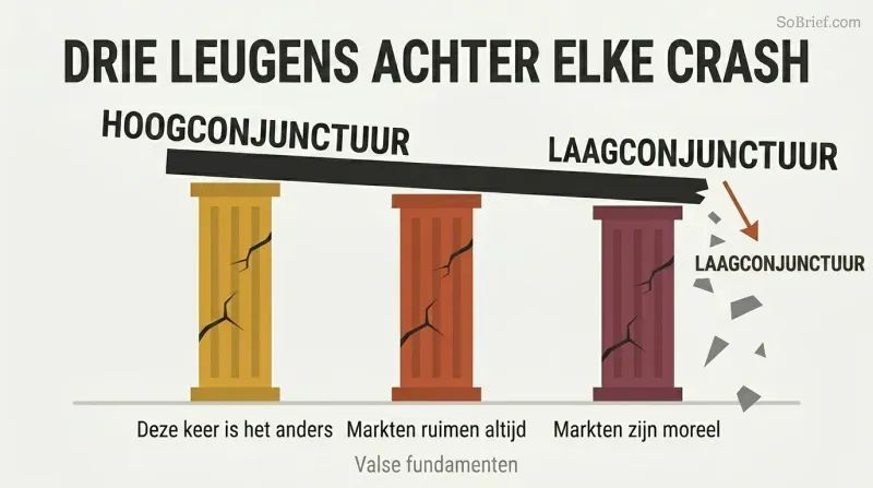 Three cracked pillars labeled with recurring financial delusions support a tilting platform that breaks apart from boom to bust.