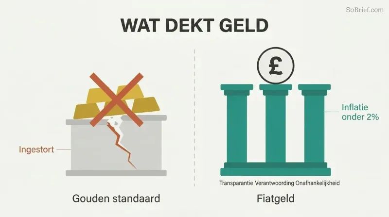 Split comparison showing gold bars as a crumbling foundation on the left versus three solid pillars labeled transparency, accountability, and independence supporting currency on the right.