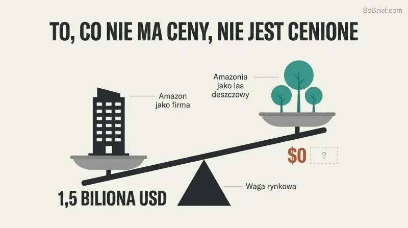 A tilted balance scale where a corporate building labeled $1.5 trillion outweighs a cluster of trees labeled $0 on the market ledger, showing how markets ignore unpriced natural value.