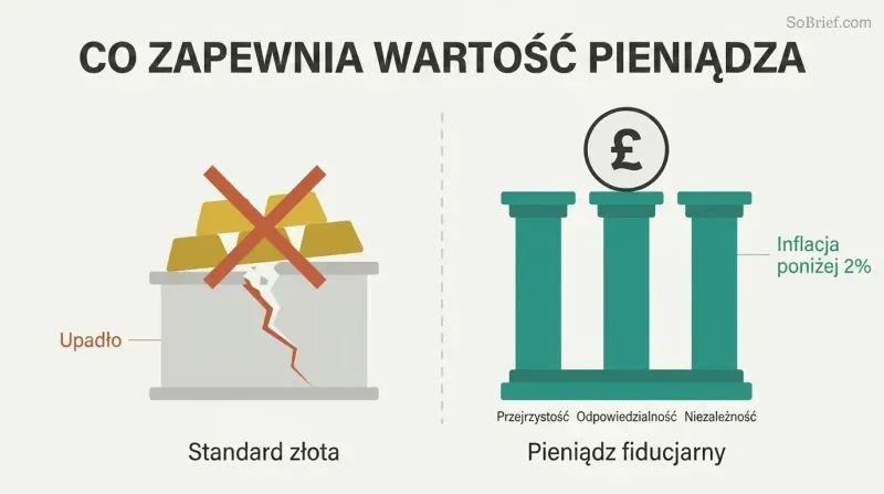 Split comparison showing gold bars as a crumbling foundation on the left versus three solid pillars labeled transparency, accountability, and independence supporting currency on the right.