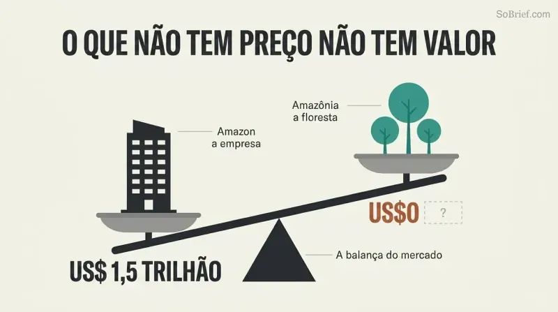 A tilted balance scale where a corporate building labeled $1.5 trillion outweighs a cluster of trees labeled $0 on the market ledger, showing how markets ignore unpriced natural value.