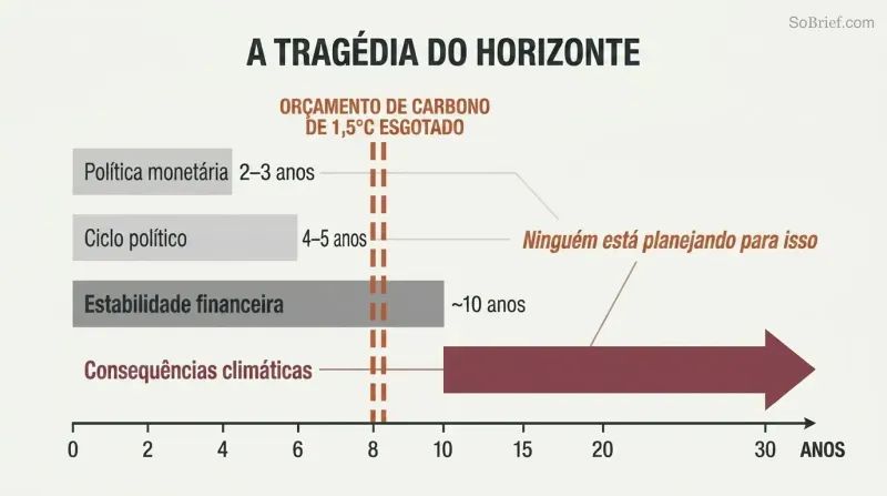 Horizontal bars showing political, monetary, and financial planning horizons all ending before a vertical dashed line marking carbon budget exhaustion at roughly eight years.