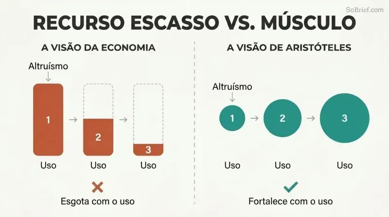 Split panel comparing two models of altruism: a depleting battery on the left shrinks with each use, while a growing circle on the right expands with each use.