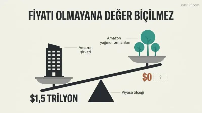 A tilted balance scale where a corporate building labeled $1.5 trillion outweighs a cluster of trees labeled $0 on the market ledger, showing how markets ignore unpriced natural value.