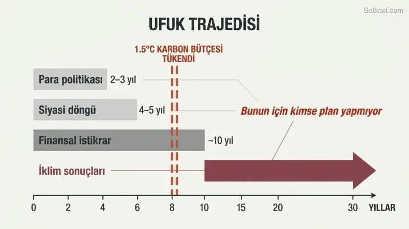 Horizontal bars showing political, monetary, and financial planning horizons all ending before a vertical dashed line marking carbon budget exhaustion at roughly eight years.