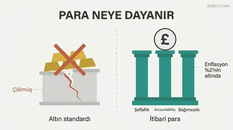 Split comparison showing gold bars as a crumbling foundation on the left versus three solid pillars labeled transparency, accountability, and independence supporting currency on the right.