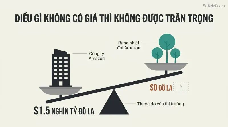 A tilted balance scale where a corporate building labeled $1.5 trillion outweighs a cluster of trees labeled $0 on the market ledger, showing how markets ignore unpriced natural value.