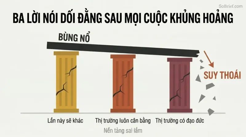 Three cracked pillars labeled with recurring financial delusions support a tilting platform that breaks apart from boom to bust.