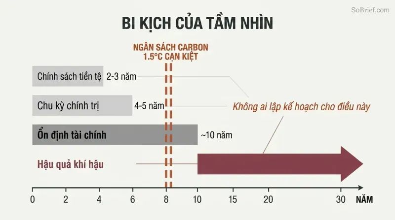 Horizontal bars showing political, monetary, and financial planning horizons all ending before a vertical dashed line marking carbon budget exhaustion at roughly eight years.