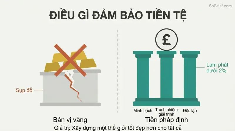 Split comparison showing gold bars as a crumbling foundation on the left versus three solid pillars labeled transparency, accountability, and independence supporting currency on the right.